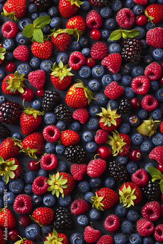 Top view of fresh assorted berries. bright color. Generative AI. © pomiti