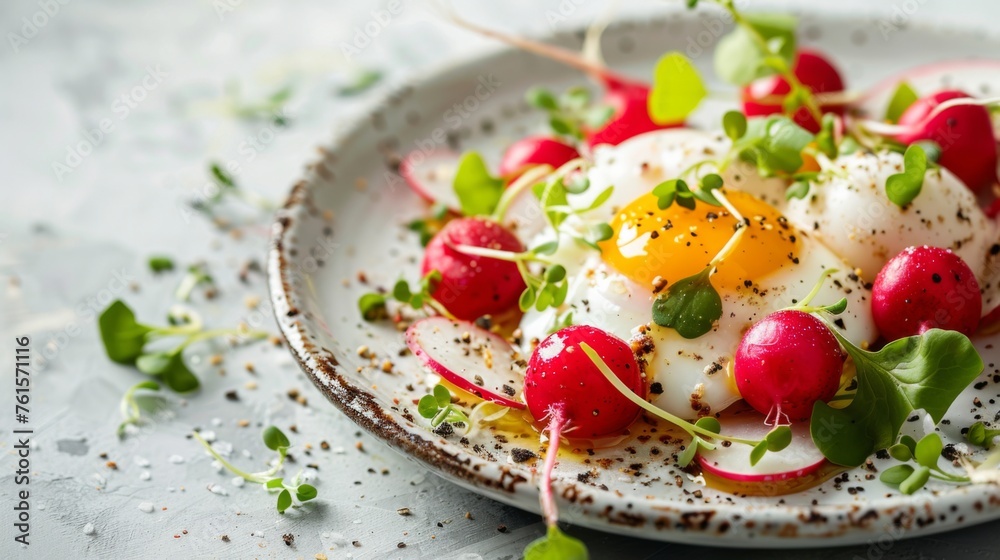 Buttered breakfast radishes with poached eggs on a plate on white background, a big copy space Buttered breakfast radishes with poached eggs on a plate on white background, a big copy space