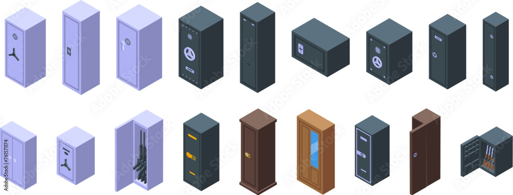 Strongbox gun icons set isometric vector. Safe deposit vault. Steel container Strongbox gun icons set isometric vector. Safe deposit vault. Steel container