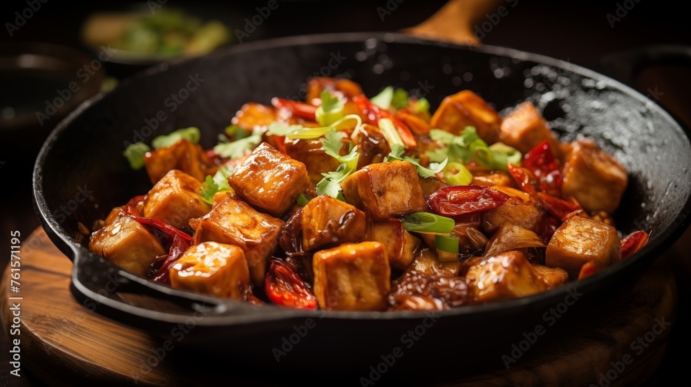 Classic flavor of stir-fried tofu enhanced with black soy sauce and chili paste, capturing the essence of traditional culinary heritage.
Classic flavor of stir-fried tofu enhanced with black soy sauce and chili paste, capturing the essence of traditional culinary heritage.