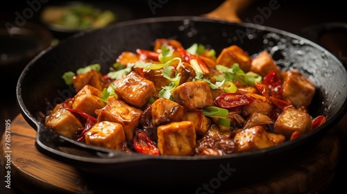 Classic flavor of stir-fried tofu enhanced with black soy sauce and chili paste, capturing the essence of traditional culinary heritage.
