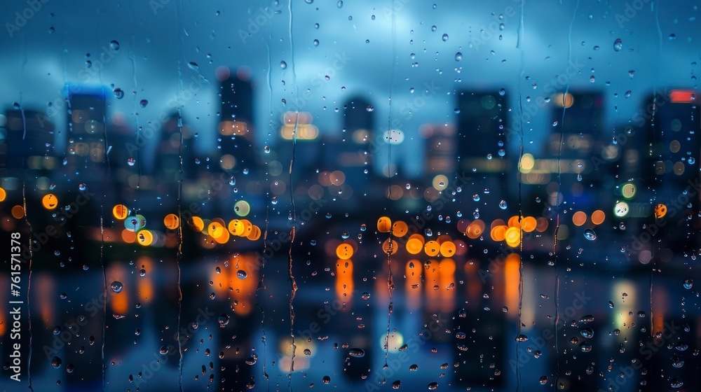 view of the city out of focus at night with rain in high resolution and high quality