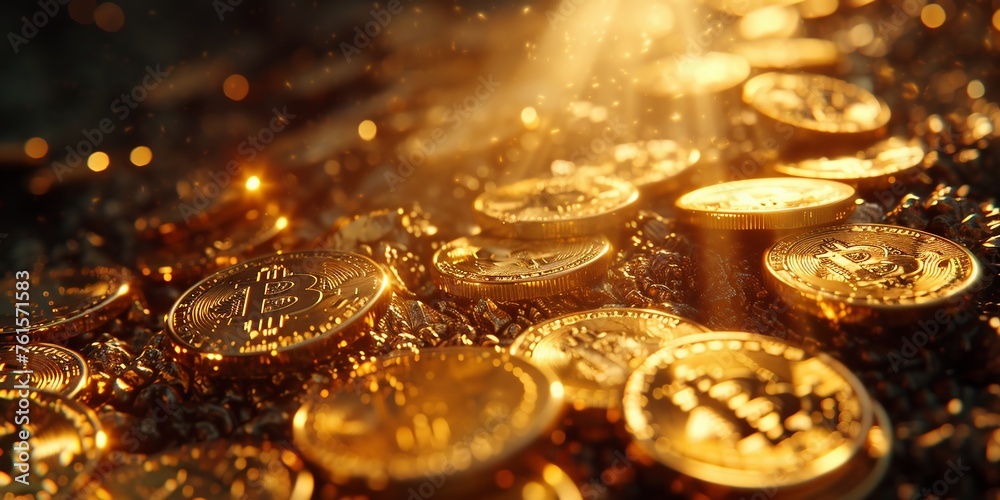 Golden bitcoin on yellow gold placer surface. Crypto currency. Bitcoin mining concept Golden bitcoin on yellow gold placer surface. Crypto currency. Bitcoin mining concept