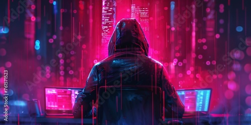 Dangerous hooded hacker. Internet, cyber crime, cyber attack, system breaking and malware concept. Dark face. Anonymous holding smart phone and laptop in hands. photo