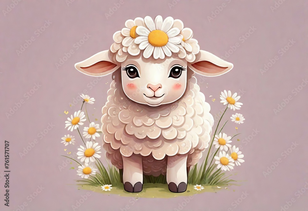 Funny cartoon character. Spring sheep in red and white flowers. Funny cartoon character. Spring sheep in red and white flowers.