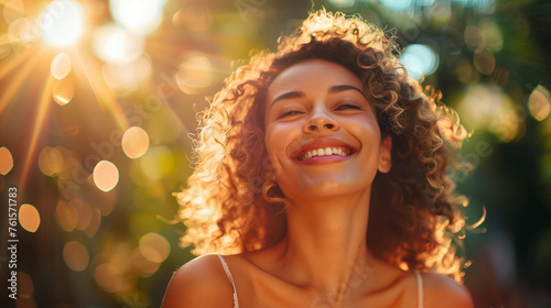 Bathed in golden sunlight, a woman's beaming smile radiates against a backdrop of lush greenery, capturing the essence of joy and natural beauty