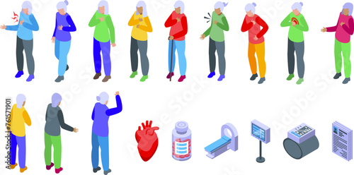 Old woman chest ache icons set isometric vector. Female senior. Elderly feel