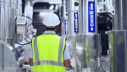 engineer work on chiller plant. worker checking pipe on chiller water plant.	