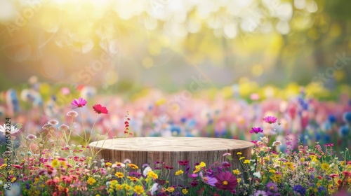 Elegant Natural Podium Amidst a Dreamy Field of Vibrant Flowers, Enhanced by Soft Morning Light, Creating a Serene Mood for Product Display © furyon