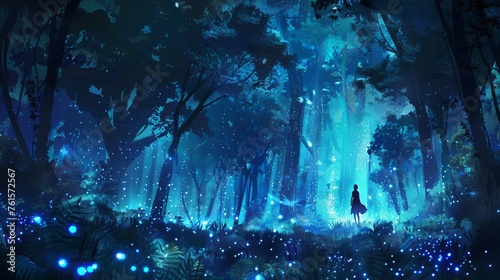 Enchanted forest with bioluminescent plants and fairy silhouettes, fantasy digital painting © furyon