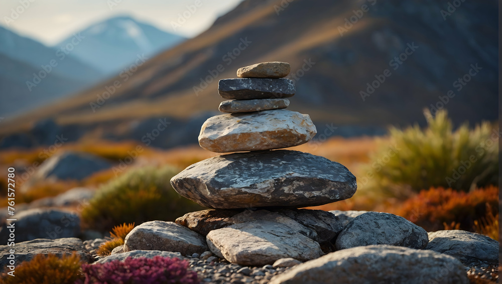Balanced Podium with a Rock Cairn for promote Cosmetic Concept Balanced Podium with a Rock Cairn for promote Cosmetic Concept