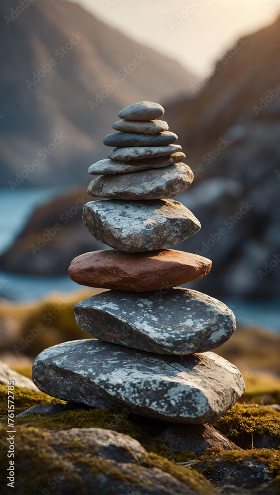 Balanced Podium with a Rock Cairn for promote Cosmetic Concept Balanced Podium with a Rock Cairn for promote Cosmetic Concept
