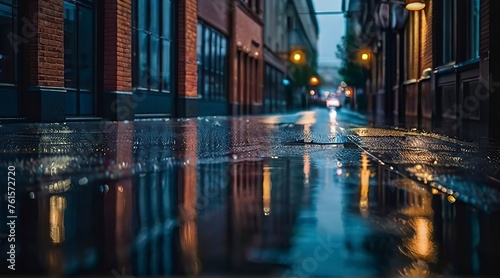 rainy day in the city  rainy day scene  empty street  rain drops on the ground