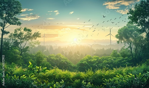 a painting of a sunset in a forest with energy windmills