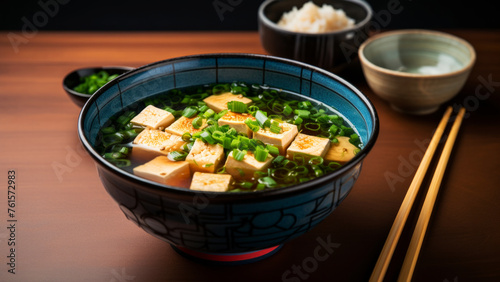 Bowl of miso soup with tofu and green onions on a wooden table with chopsticks closeup shot, asian food concept