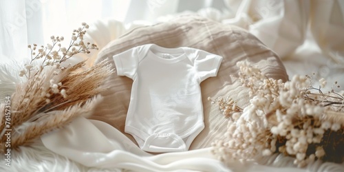 A baby's white onesie is placed on a bed with a floral arrangement