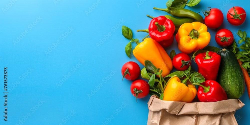 Crisp vegetables spill from a paper bag; fresh, vibrant bell-peppers and tomatoes on a blue background, with ample copyspace for healthy living concepts. - obrazy, fototapety, plakaty 