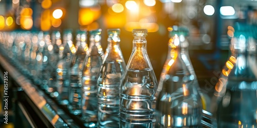 A row of bottles of water are lined up on a conveyor belt