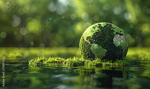 Globe in water with green grass. Ecology concept.