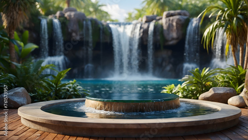 Refreshing Podium with a Waterfall Oasis for promote Cosmetic Concept