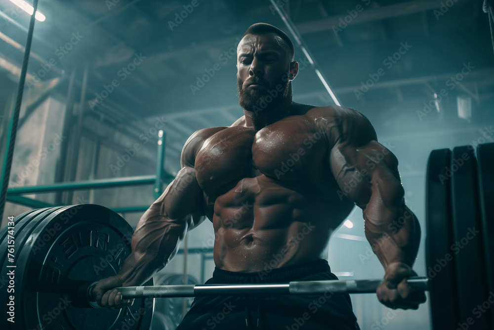 A man with a muscular body is holding a weight bar in a gym. Concept of strength and determination, as the man is focused on his workout A man with a muscular body is holding a weight bar in a gym. Concept of strength and determination, as the man is focused on his workout