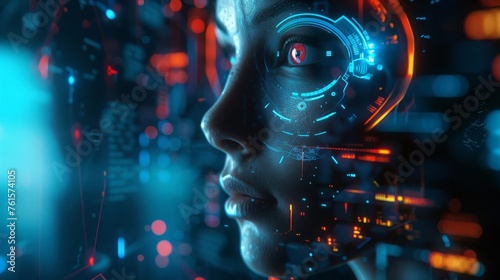 Futuristic female cyborg with holographic interface elements, sci-fi digital art concept