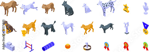 Dog champion trophy cup icons set isometric vector. Winner pedestal. Pet place prize