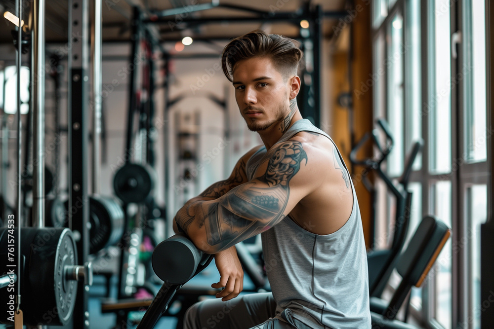 A man with a muscular body is holding a weight bar in a gym. Concept of strength and determination, as the man is focused on his workout
