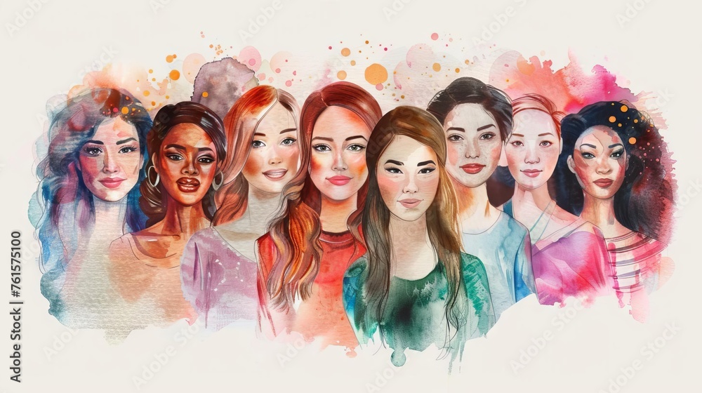 Happy International Women's Day, watercolor illustration of diverse female group, empowerment concept