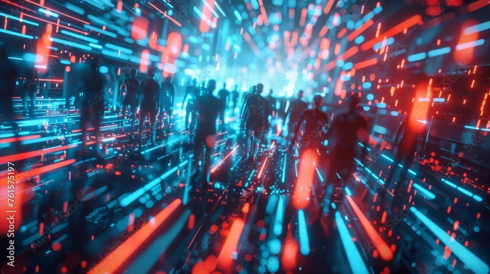 Intense high-tech scene with blue and red hacker teams defending network against breach, encryption algorithms glowing in dark Intense high-tech scene with blue and red hacker teams defending network against breach, encryption algorithms glowing in dark