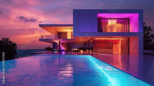 Modern swimming pool on villa with beautiful neon LED lights concept. Generated AI image © prastiwi