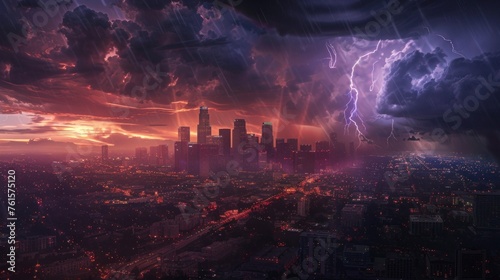 large electrical storm falling over the city of Los Angeles with thunder