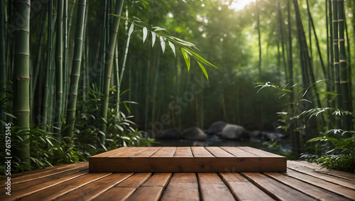 Minimalist Podium with Bamboo Forest Backdrop for promote Cosmetic Concept