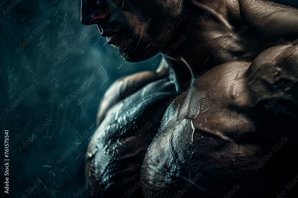 A man with a muscular body is shown in a close up. Concept of strength and power, as the man's muscles are prominently displayed