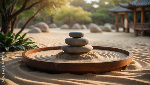 Zen Garden Podium with Raked Sand Patterns for promote Cosmetic Concept