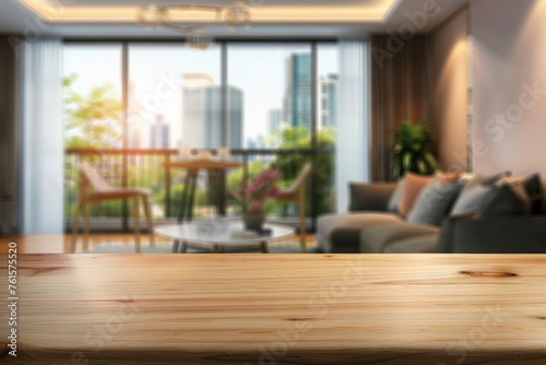 Empty wooden tabletop with blurred living room background wallpaper, Wood table with blurred modern apartment interior background, Ai Generate 