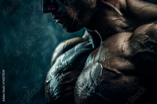 A man with a muscular body is shown in a close up. Concept of strength and power, as the man's muscles are prominently displayed
