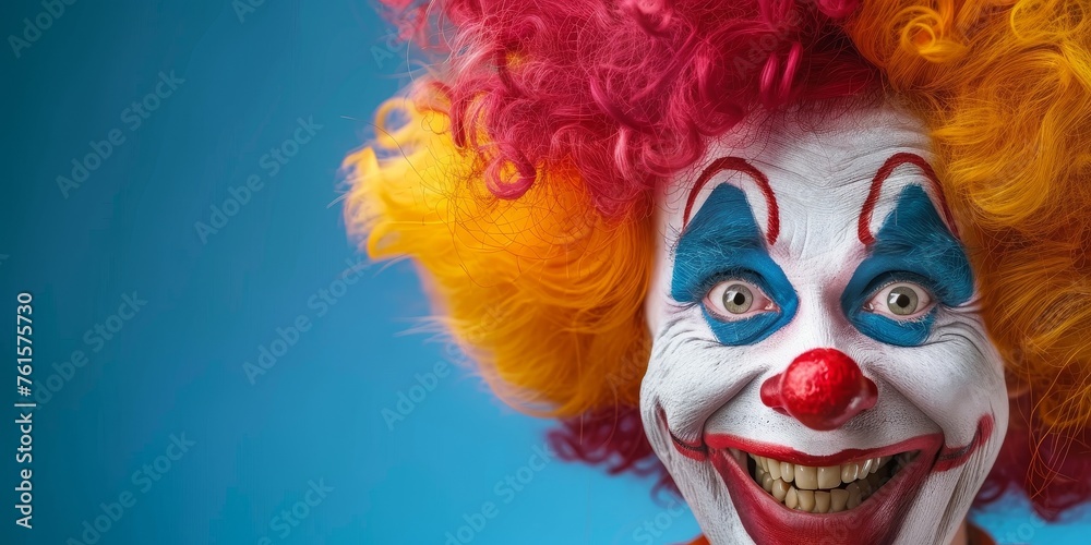 A clown with a big smile and red and yellow hair
