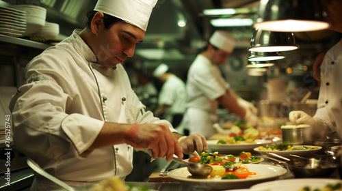 A focused chef carefully dresses a vibrant salad in a bustling commercial kitchen, his white chef's coat a symbol of the professionalism and passion that goes into crafting every plate.