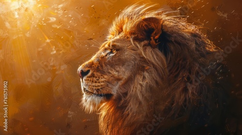 Majestic lion portrait with golden sunburst background, regal and powerful, digital oil painting