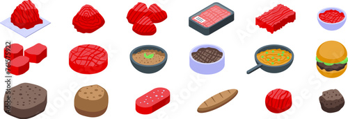 Minced meat icons set isometric vector. Spicy beef. Cooking dinner food
