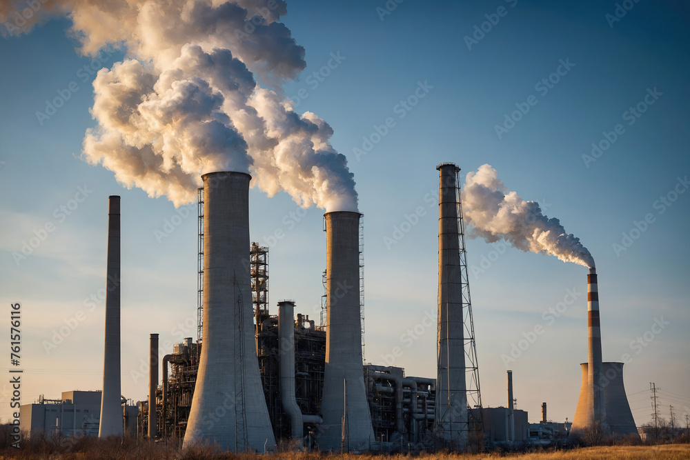 Factory chimneys. Smoke from a heating plant, chimneys emitting carbon dioxide from a thermal power plant into the atmosphere. Concept of air pollution problem and ecology emissions.