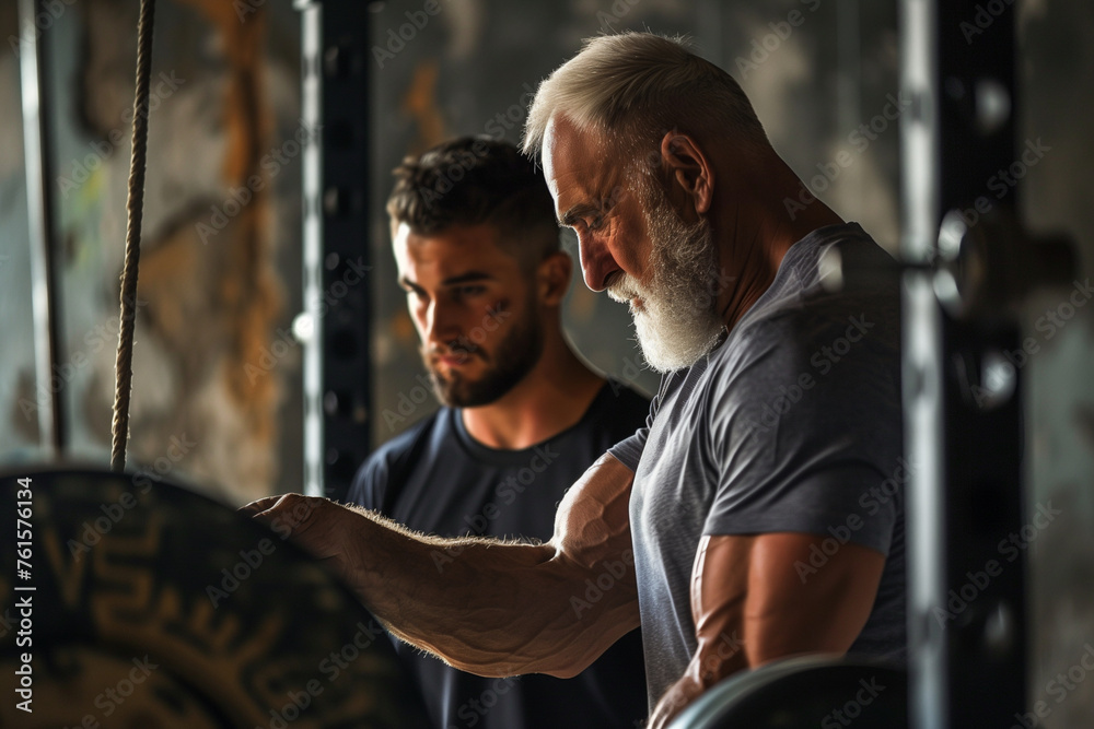 Two men are working out together, one of them is older and has a beard. The man with the beard is helping the older man with his workout