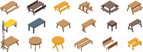 Fototapeta Naklejka Na Ścianę i Meble -  Wooden table picnic icons set isometric vector. Empty garden park. Furniture creation