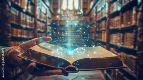 Hand holding a open book with digital technology elements in library background. AI generated