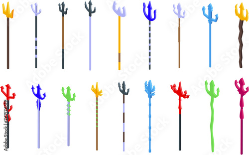 Trident staffs icons set isometric vector. Neptune greek weapon. Crook tool