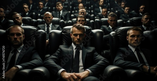 Group of business people sitting in a row and looking at the camera