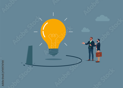 Thief sawing the floor to make light bulb collapse falling down. Loan away trap metaphor. Flat vector illustration.