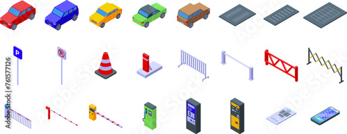 Underground parking lot icons set isometric vector. Urban garage. City carpark