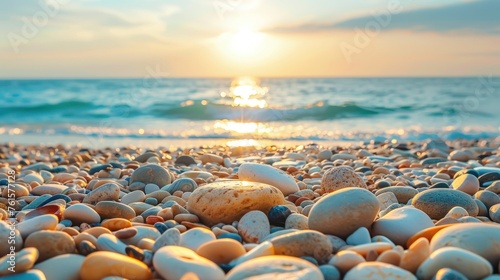 Close up of beautiful small rocks on the beach at sunset. Generated AI image